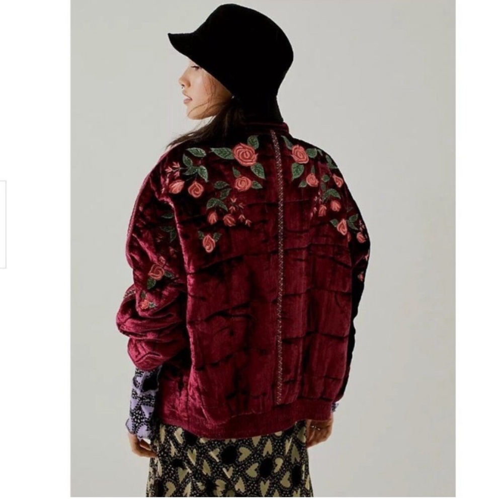 Free People Velvet Bomber Jacket - Burgundy with Floral Embroidery